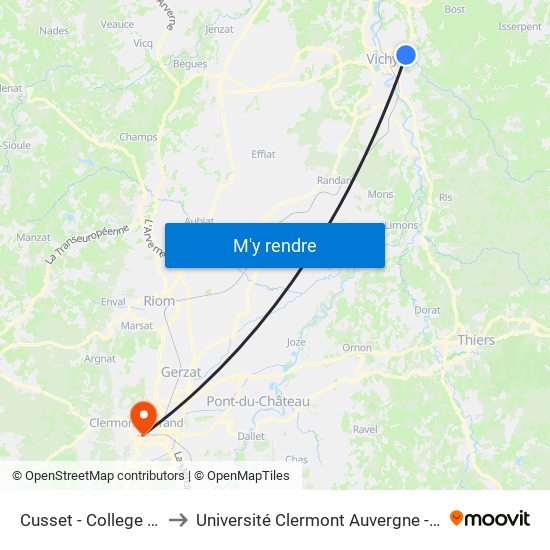 Cusset - College C. Weyer to Université Clermont Auvergne - Site Gergovia map