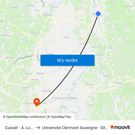 Cusset - A. Londres to Université Clermont Auvergne - Site Gergovia map