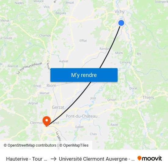 Hauterive - Tour D'Abrest to Université Clermont Auvergne - Site Gergovia map