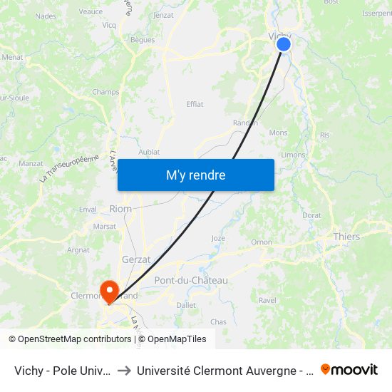 Vichy - Pole Universitaire to Université Clermont Auvergne - Site Gergovia map