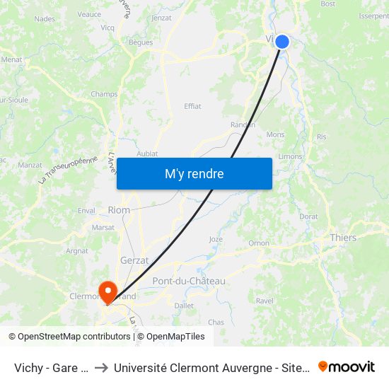 Vichy - Gare Sncf to Université Clermont Auvergne - Site Gergovia map