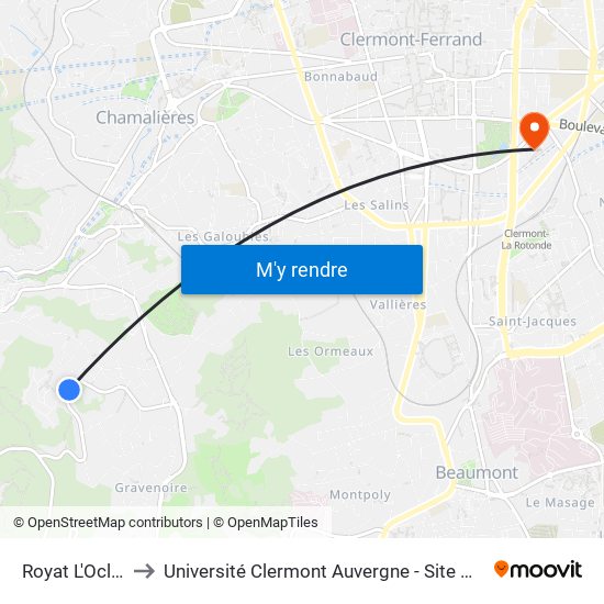 Royat L'Oclède to Université Clermont Auvergne - Site Gergovia map