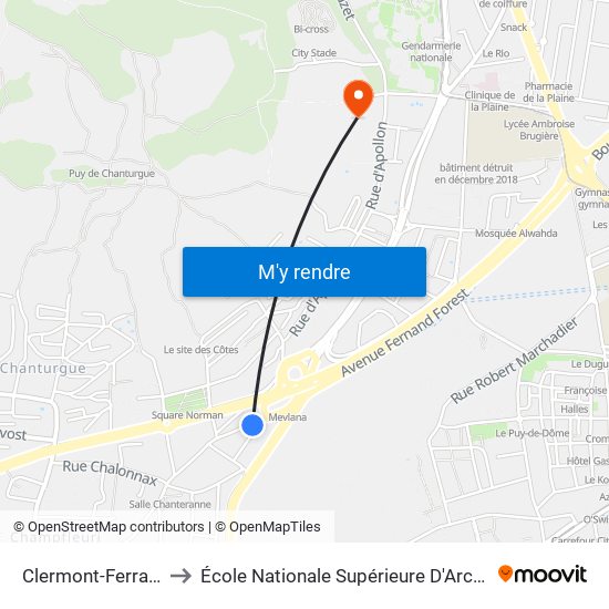 Clermont-Ferrand Champfleuri to École Nationale Supérieure D'Architecture De Clermont-Ferrand map