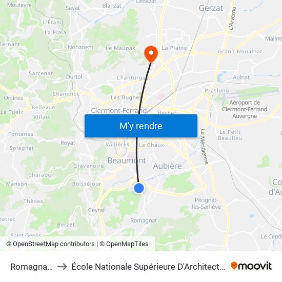 Romagnat Forest to École Nationale Supérieure D'Architecture De Clermont-Ferrand map