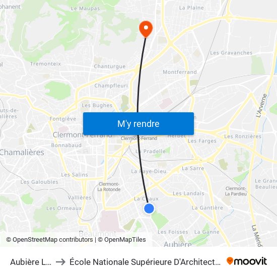 Aubière La Chaux to École Nationale Supérieure D'Architecture De Clermont-Ferrand map