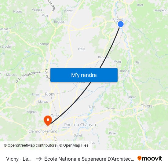 Vichy - Les Bourins to École Nationale Supérieure D'Architecture De Clermont-Ferrand map