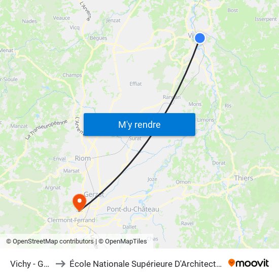 Vichy - Gare Sncf to École Nationale Supérieure D'Architecture De Clermont-Ferrand map