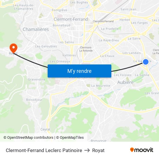 Clermont-Ferrand Leclerc Patinoire to Royat map