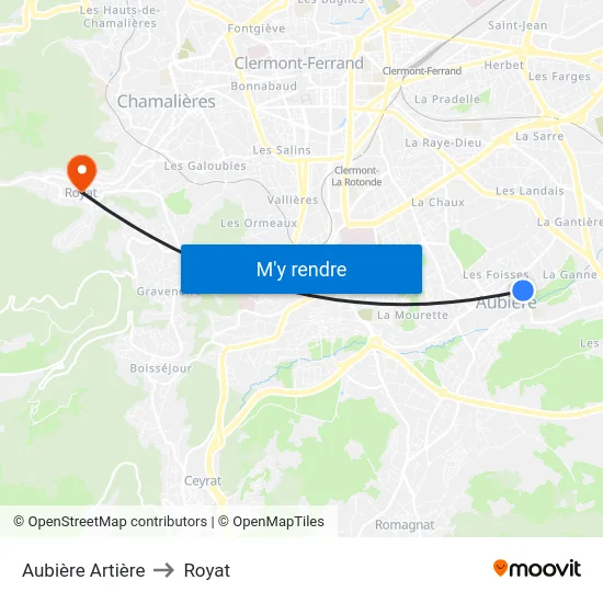 Aubière Artière to Royat map