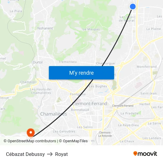 Cébazat Debussy to Royat map
