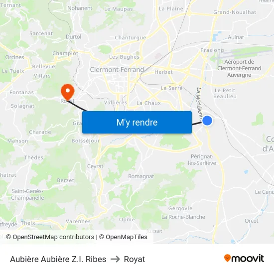 Aubière Aubière Z.I. Ribes to Royat map