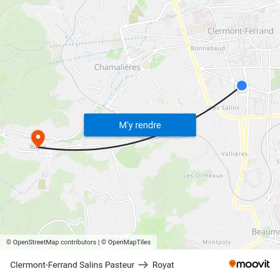 Clermont-Ferrand Salins Pasteur to Royat map