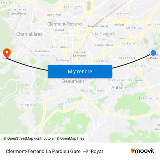 Clermont-Ferrand La Pardieu Gare to Royat map