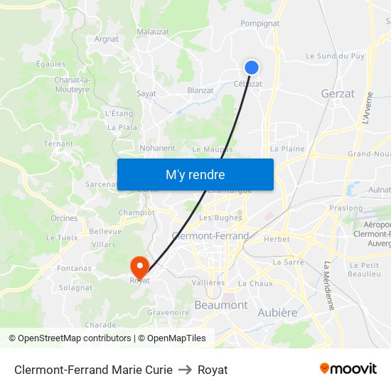 Clermont-Ferrand Marie Curie to Royat map