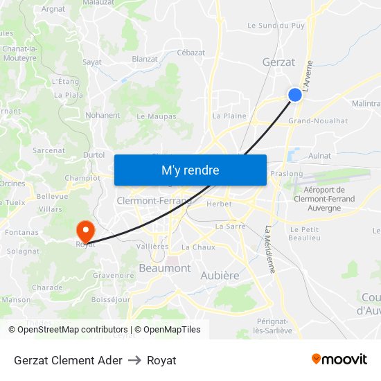 Gerzat Clement Ader to Royat map