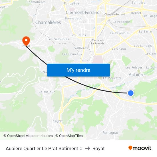 Aubière Quartier Le Prat Bâtiment C to Royat map
