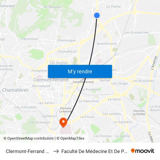 Clermont-Ferrand Diderot to Faculté De Médecine Et De Pharmacie map