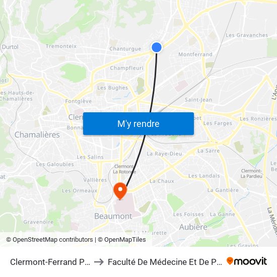 Clermont-Ferrand Pruniers to Faculté De Médecine Et De Pharmacie map