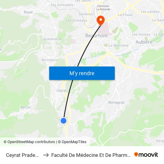 Ceyrat Pradeaux to Faculté De Médecine Et De Pharmacie map