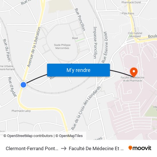 Clermont-Ferrand Pont De Vallières to Faculté De Médecine Et De Pharmacie map