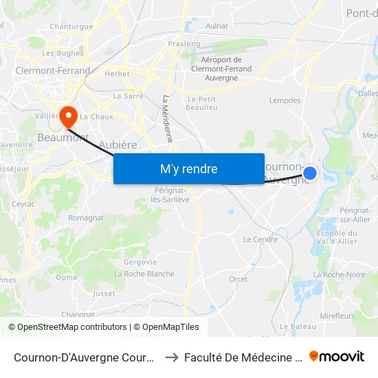 Cournon-D'Auvergne Cournon Lycée Descartes to Faculté De Médecine Et De Pharmacie map
