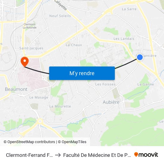 Clermont-Ferrand Foisses to Faculté De Médecine Et De Pharmacie map