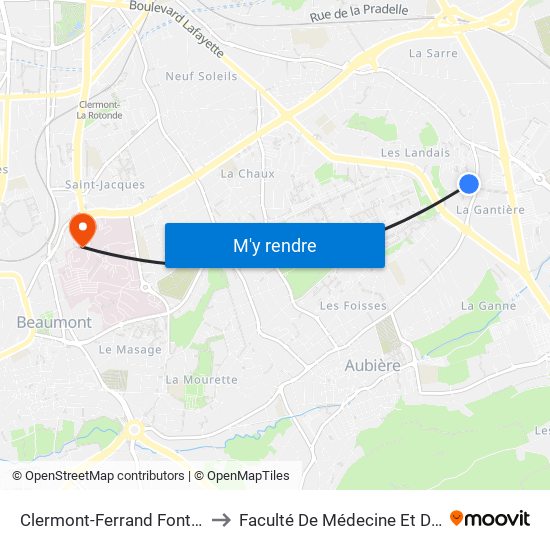 Clermont-Ferrand Fontaine Du Bac to Faculté De Médecine Et De Pharmacie map