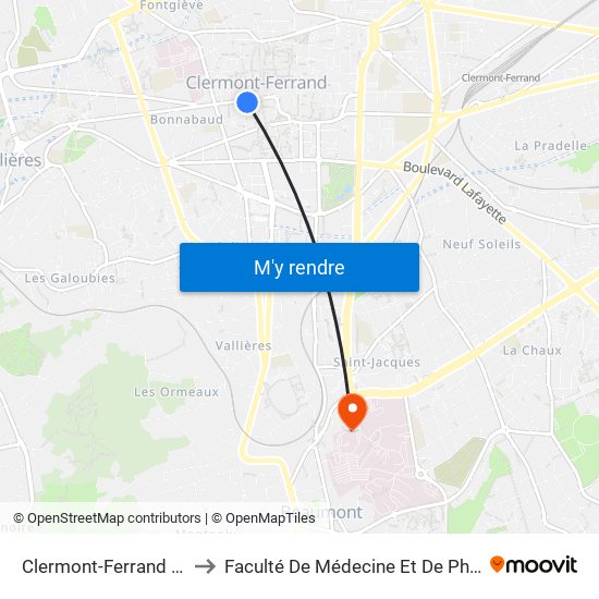 Clermont-Ferrand Jaude to Faculté De Médecine Et De Pharmacie map