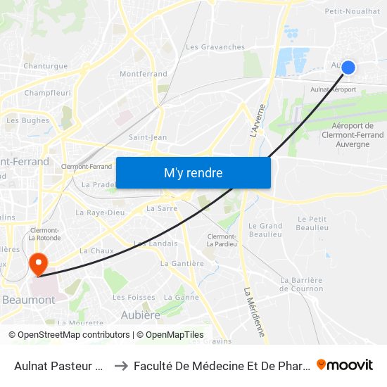 Aulnat Pasteur Curie to Faculté De Médecine Et De Pharmacie map