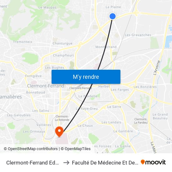 Clermont-Ferrand Edgar Quinet to Faculté De Médecine Et De Pharmacie map