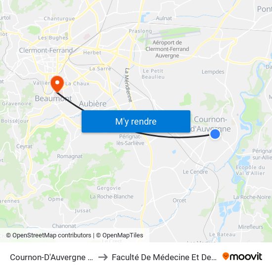 Cournon-D'Auvergne Cornonet to Faculté De Médecine Et De Pharmacie map