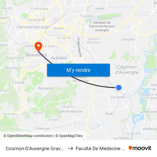 Cournon-D'Auvergne Graveyroux Commerces to Faculté De Médecine Et De Pharmacie map