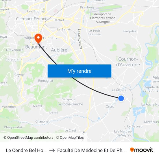 Le Cendre Bel Horizon to Faculté De Médecine Et De Pharmacie map