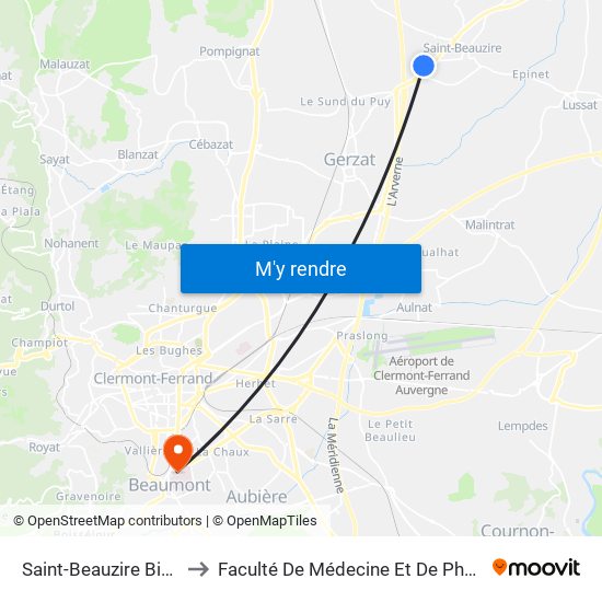 Saint-Beauzire Biopole to Faculté De Médecine Et De Pharmacie map