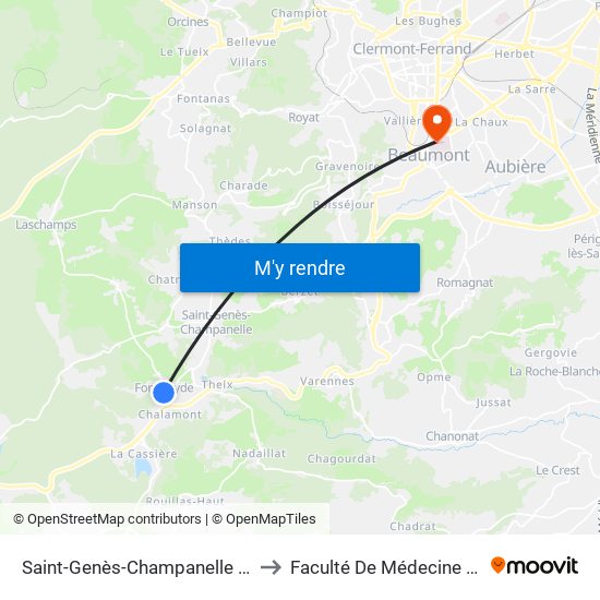 Saint-Genès-Champanelle Fontfreyde Bascule to Faculté De Médecine Et De Pharmacie map