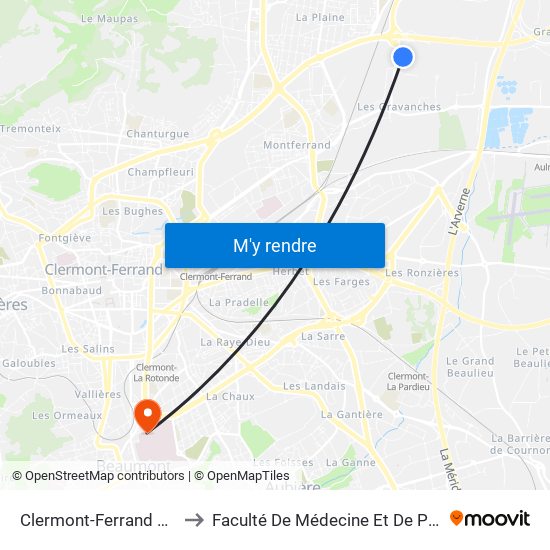 Clermont-Ferrand Québec to Faculté De Médecine Et De Pharmacie map