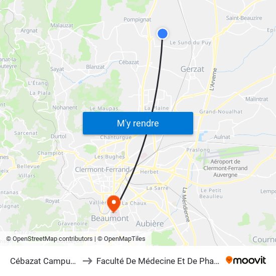 Cébazat Campus Rdi to Faculté De Médecine Et De Pharmacie map