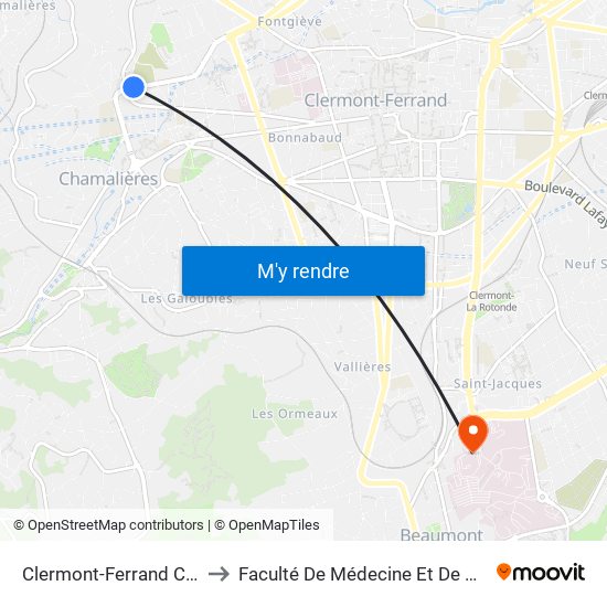 Clermont-Ferrand Claussat to Faculté De Médecine Et De Pharmacie map