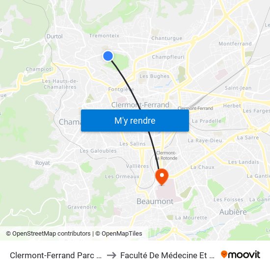 Clermont-Ferrand Parc De Montjuzet to Faculté De Médecine Et De Pharmacie map