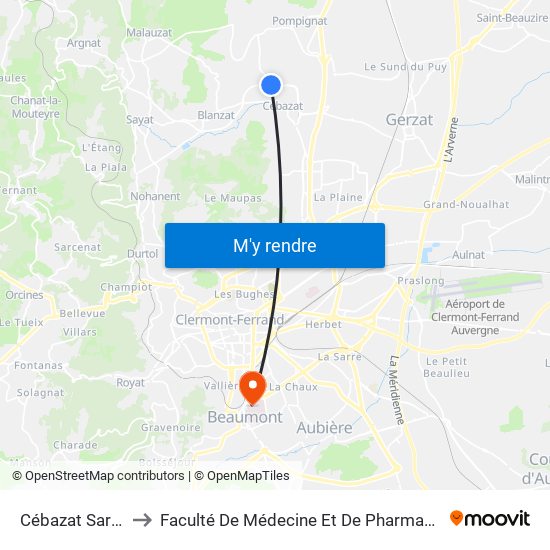 Cébazat Sarre to Faculté De Médecine Et De Pharmacie map