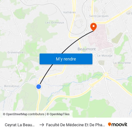 Ceyrat La Beaumière to Faculté De Médecine Et De Pharmacie map