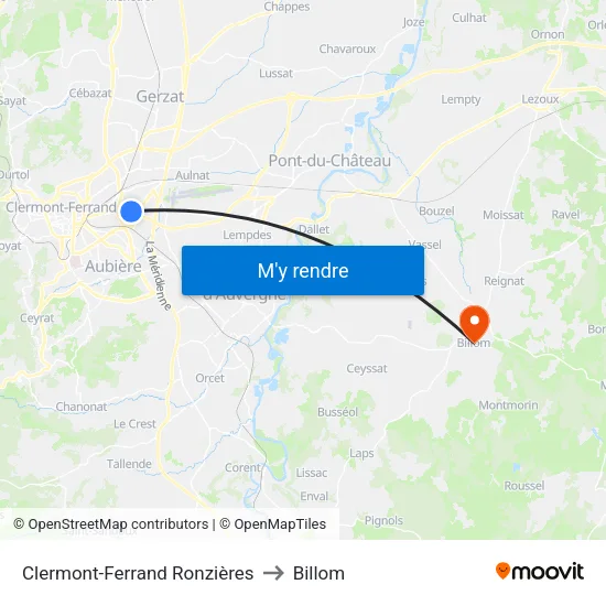 Clermont-Ferrand Ronzières to Billom map