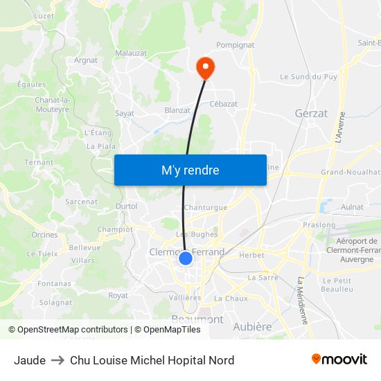 Jaude to Chu Louise Michel Hopital Nord map