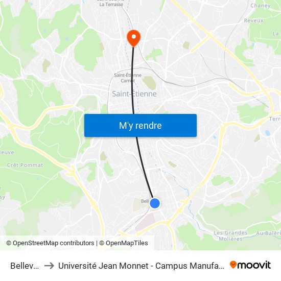 Bellevue to Université Jean Monnet - Campus Manufacture map