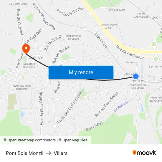 Pont Bois Monzil to Villars map