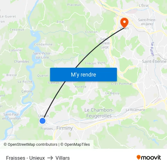 Fraisses - Unieux to Villars map