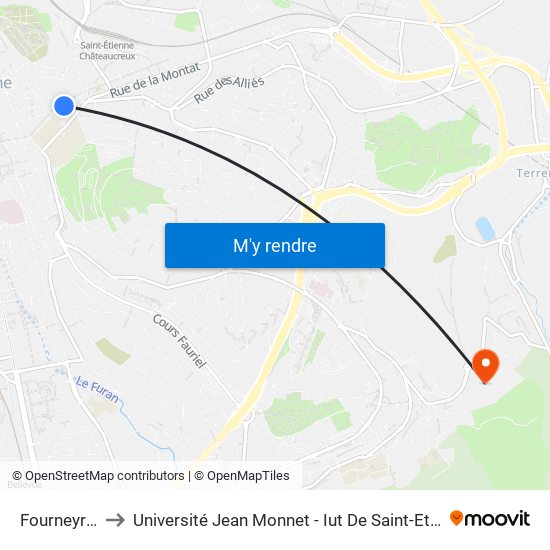 Fourneyron to Université Jean Monnet - Iut De Saint-Etienne map