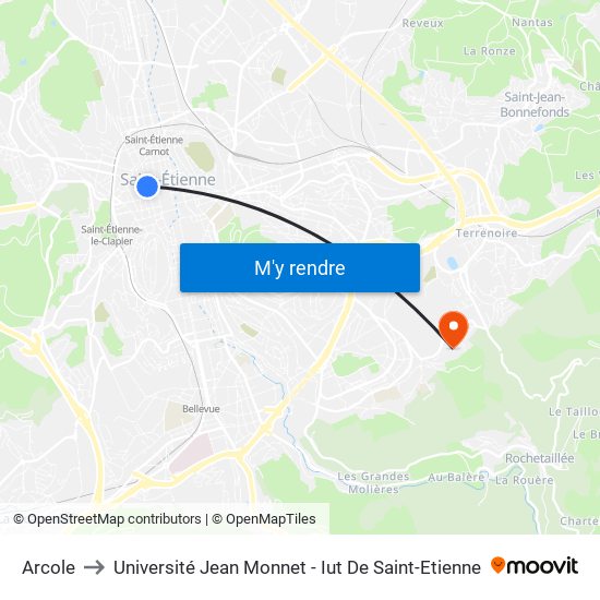 Arcole to Université Jean Monnet - Iut De Saint-Etienne map