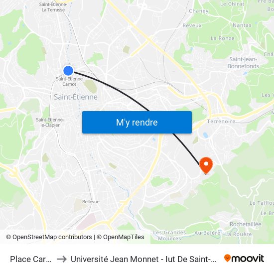 Place Carnot to Université Jean Monnet - Iut De Saint-Etienne map