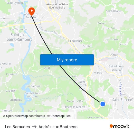 Les Baraudes to Andrézieux Bouthéon map